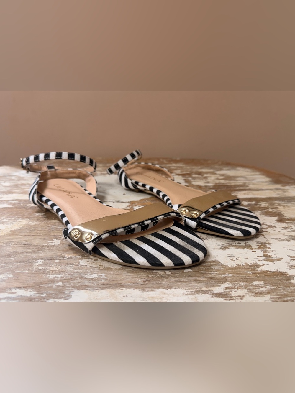 Liliana Women’s Black & White Stripe Sandals with Gold Accent